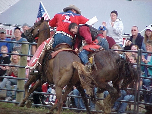 Rodeo pickup man helping bronc rider off his horse