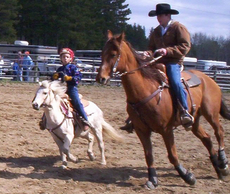 A pony tries to keep up with a much larger horse