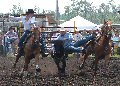 A cowboy grabs a bull by the horns