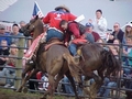 Rodeo pickup man helping bronc rider off his horse