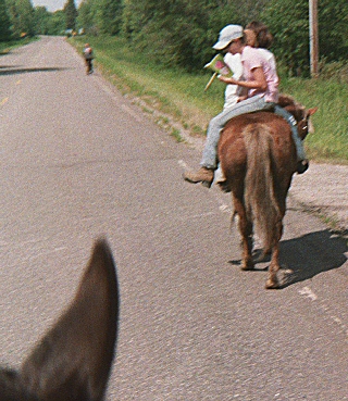 A young lady riding double, sideways, and bareback -- while reading a book